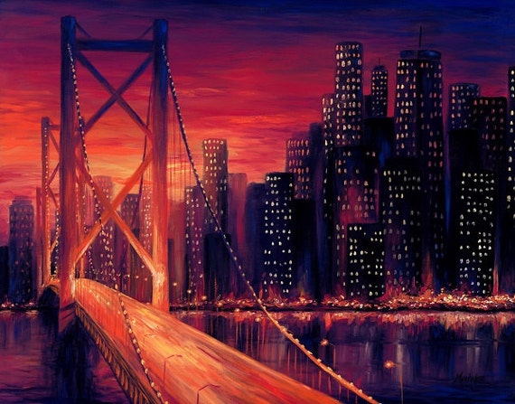 Sunset City Skyline Bridge Water City Night Lights Modern Art