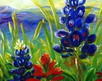 Texas Blue Bonnet Paris Texas Art Print Sunset Sunrise Nature Scenery Red Blue Flowers Bathroom Livingroom Office Oil Art Work Traditional