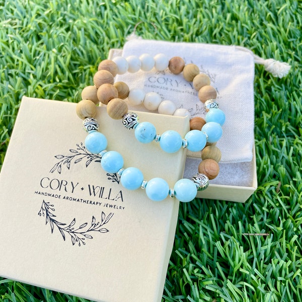 Cream Blue Turquoise • Aromatherapy Bracelet • Diffuser Bracelet • Essential Oil • Handmade • Gift • Sandalwood • Jewelry • Minimalist