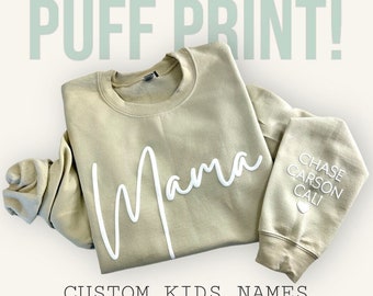 Mama Puff Sweatshirt, Mama Embossed Sweatshirt, Custom Mama Sweatshirt, Gift for Mom, Mothers Day Gift, Baby Shower Gift, Kids Names Sleeve