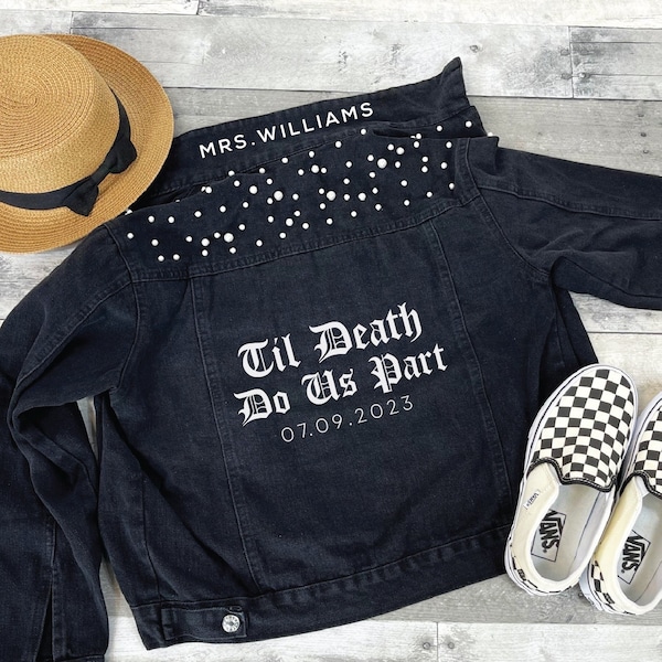 Bride Jacket, Custom Bride Jacket, Mrs Jacket, Mrs Sweatshirt, Til Death do us Part Denim Jacket, Black Denim with White Pearls Custom