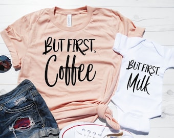 Milk Partner SHIRT STRAMPLER Familie BABY Kinder T-Shirt OK But First Coffee 