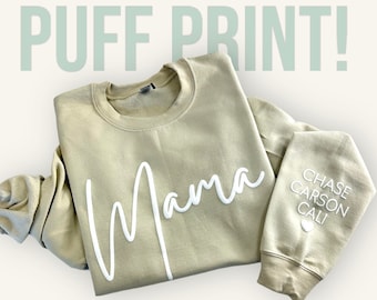 Puff Mama Sweatshirt with Kids Names on Sleeve, Mother’s Day Gift, Mama Sweatshirt, Personalized with Kids Names, Custom Mama Sweatshirt