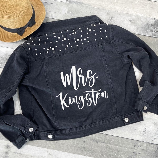 Mrs Denim Jacket, Black Mrs Jacket, Black Denim Jacket, Mrs Pearl Jacket, Pearl Denim Jacket, Cute Wedding Jacket, Bride Jean Jacket Black