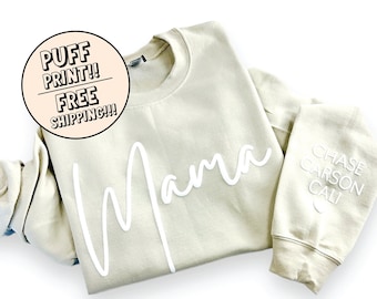 Puff Mama Sweatshirt with Kids Names on Sleeve, Mother’s Day Gift, Mama Sweatshirt, Personalized with Kids Names, Custom Mama Sweatshirt