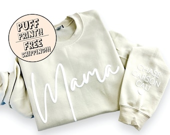 Custom Puff Mama Sweatshirt with Childrens Names on Sleeve, Personalized Mom Sweatshirt, Gift for Mom, Mother's Day Gift Idea, Gift for Mom