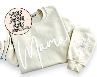 Mama Puff Sweatshirt, Mama Embossed Sweatshirt, Custom Mama Sweatshirt, Gift for Mom, Mothers Day Gift, Baby Shower Gift, Kids Names Sleeve