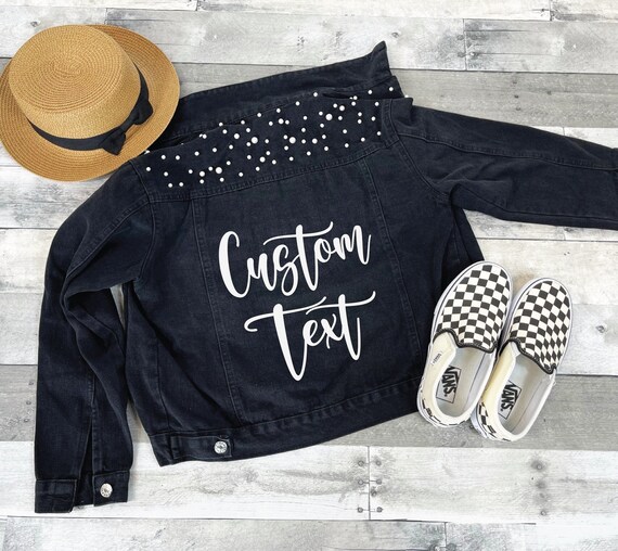 Custom Text Black Denim Jacket With Pearls Denim Jacket Pearls Bridesmaid Jacket Company Jean Jacket Pearls Black Jean Jacket Pearls Etsy UK