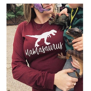 Mamasaurus Long Sleeve Shirt Mom Long Sleeve Pregnancy Announcement Shirt Mother's Day Shirt Mom Dinosaur Shirt Unisex Reveal Tee image 1