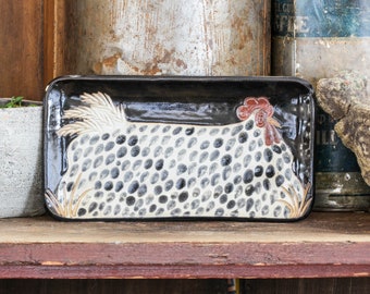 Spotted Hen rectangle plate, 9x5 Handmade serving tray, Ceramic Farmhouse Chicken Platter