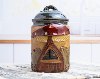 Red Capped Mushroom Jar,  Handmade stoneware lidded canister