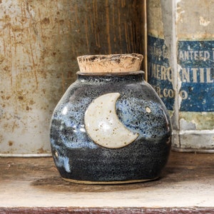 Moon and Stars handmade pottery stash jar, Ceramic herb jar, Honey pot with natural cork lid