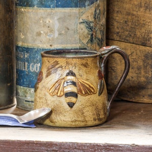 Honey Bee Handmade Pottery Mug , Beekeepers Ceramic Coffee Cup , Stoneware Bee Mug