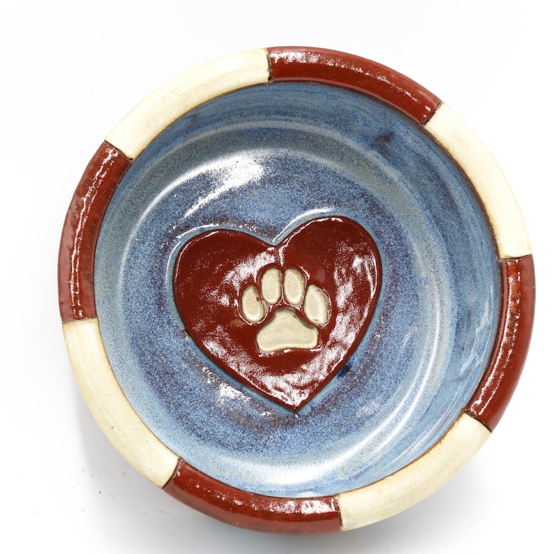Ceramic Dog Food or Water Dish Pet Bowl Small Blue and Red Heart Pottery Dog Bowl with Checked Border Bone /& Paw Print Pet Dish
