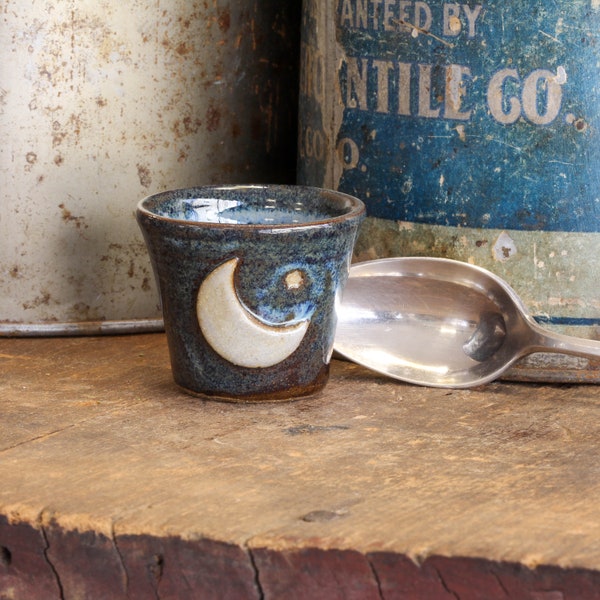 Starry Night Shot glass, Handmade pottery Crescent Moon tiny cup, Ceramic toothpick holder