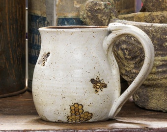 Squatty honey bee handmade coffee mug, Ceramic bee keeper mug, Small coffee cup