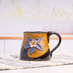 Handmade Columbine Flower Pottery Mug, Stoneware Coffee Cup