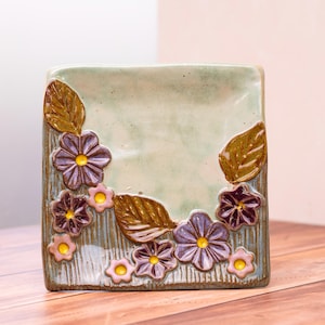 Hydrangea flower 5x5 square plate, Handmade pottery small tray, Blue and green snack plate