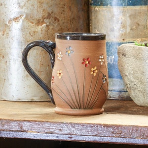 Wildflower Pottery Mug, Handmade Ceramic Flower Mug, Spring Gift for Her, Stoneware Pottery Mug, Multifloral Ceramic Cup