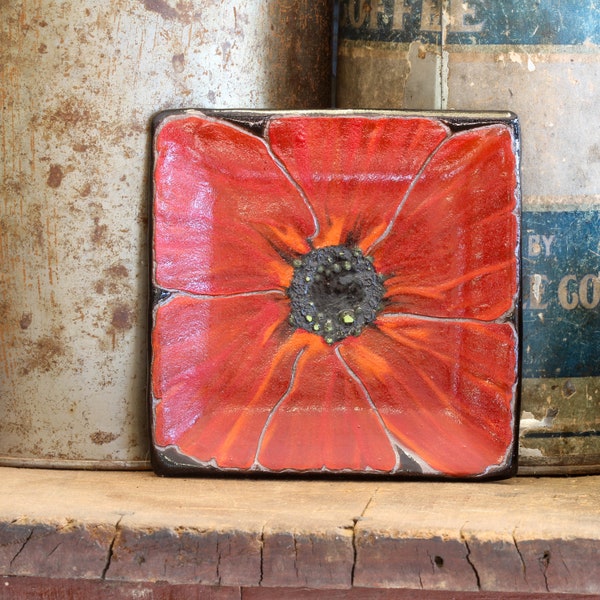 5x5 Red Poppy Flower Tray, Handmade ceramic serving plate, Poppy Decor