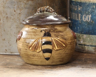 Honey Bee covered sugar jar, Handmade pottery covered jar, Beekeeper gift,  Bumble bee lidded container