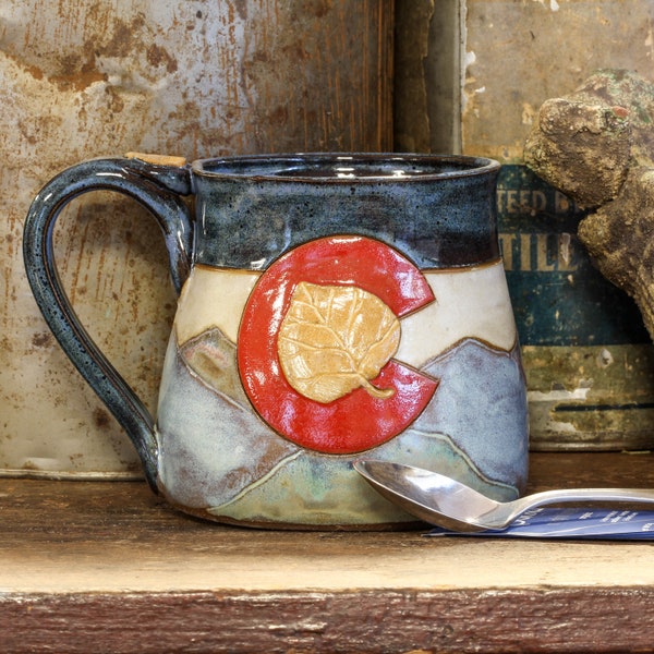 Colorado Handmade Pottery Mug ,  Aspen Leaf Ceramic Mug , Stoneware Mountain Pottery Mug