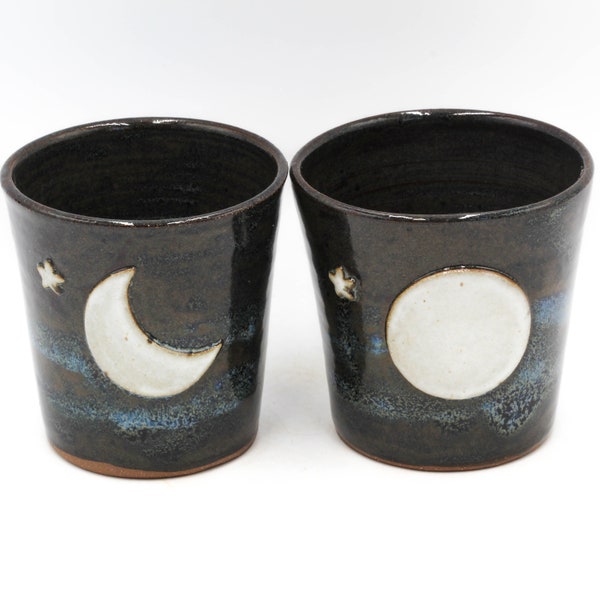 Set of Two Phases of the Moon Stemless Wine Cups | Handmade Pottery Cups | Moon and Stars Pottery Cups | Celestial Cups | Moon Phases Cups