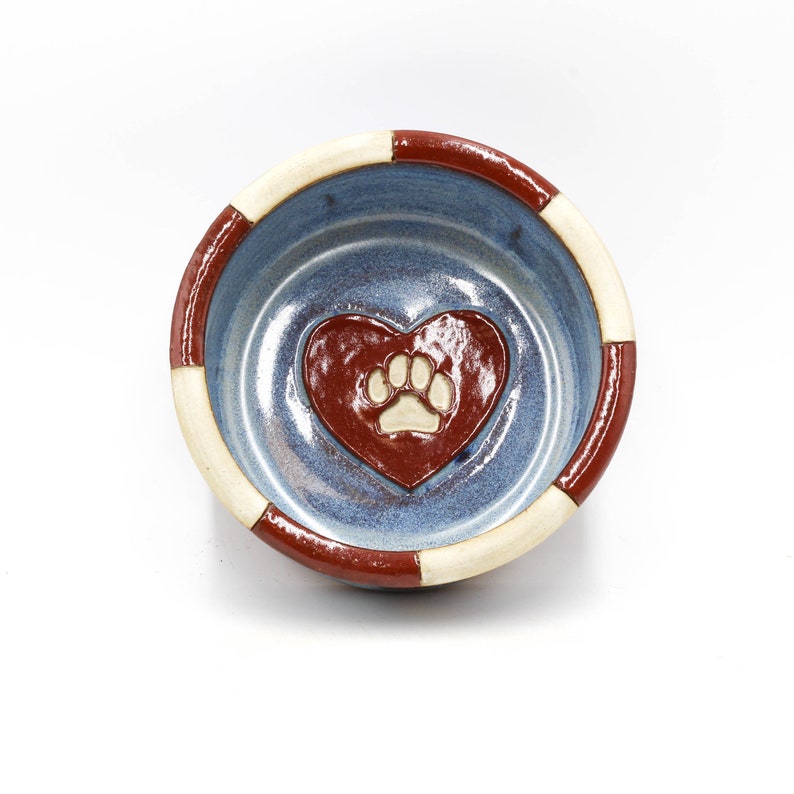 Ceramic Dog Food or Water Dish Pet Bowl Small Blue and Red Heart Pottery Dog Bowl with Checked Border Bone /& Paw Print Pet Dish