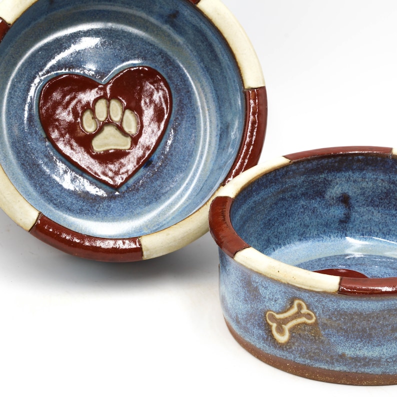 Ceramic Dog Food or Water Dish Pet Bowl Small Blue and Red Heart Pottery Dog Bowl with Checked Border Bone /& Paw Print Pet Dish