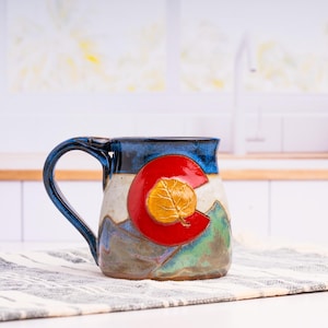 Colorado Pottery Mug: Handmade Stoneware Aspen Leaf Mountain Design
