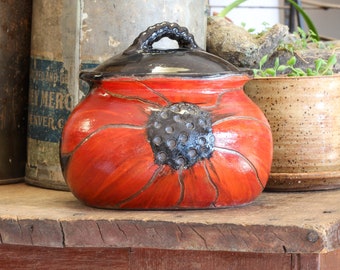 Poppy Covered Jar, Handmade pottery canister, Stoneware jar with lid