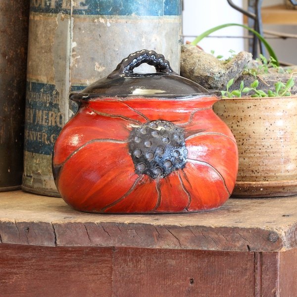 Poppy Covered Jar, Handmade pottery canister, Stoneware jar with lid