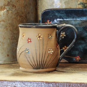 Wildflower squatty coffee mug Handmade pottery mug, Stoneware Mug, Blue flower ceramic cup