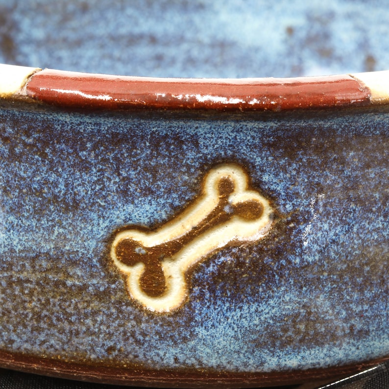 Ceramic Dog Food or Water Dish Pet Bowl Small Blue and Red Heart Pottery Dog Bowl with Checked Border Bone /& Paw Print Pet Dish