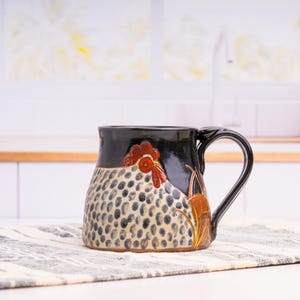 Spotted Chicken Stoneware Mug: Primitive Pottery Coffee Lover Gift