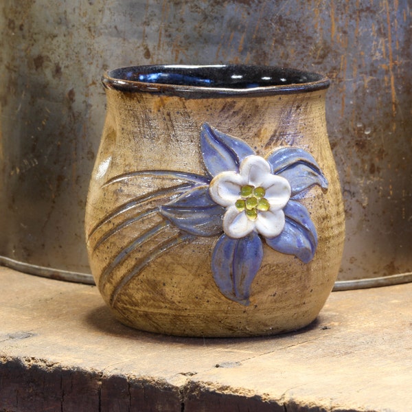 Colorado Columbine stemless wine cup, Handmade stoneware wine glass, Pottery cup