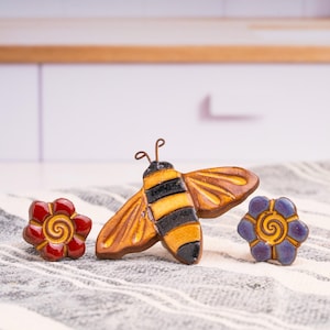 Handmade Bumble Bee & Flower Magnet Set: Ceramic Fridge Decor