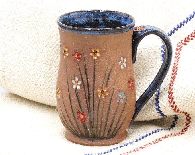 Wildflower Pottery Mug, Handmade Ceramic Flower Mug, Spring Gift for