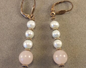 Rose Quartz(N), Fresh Water Pearl(D), SS Leverback Earrings with patina, 2 in.