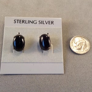 Black Onyx(D) Oval Cabochon, Sterling Silver Stud Earrings with patina, 14x10mm