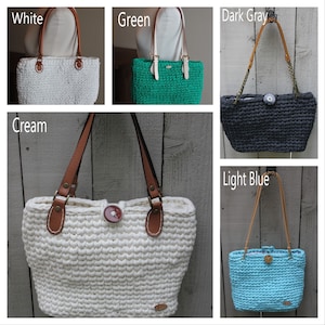 Crochet Purses with Leather Straps and Linings in Cream, Light Blue, White, Green, and Dark Gray
