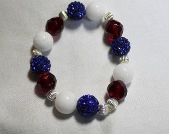 Pulsera elástica patriótica con cuentas de cristal y diamantes de imitación en rojo, blanco y azul