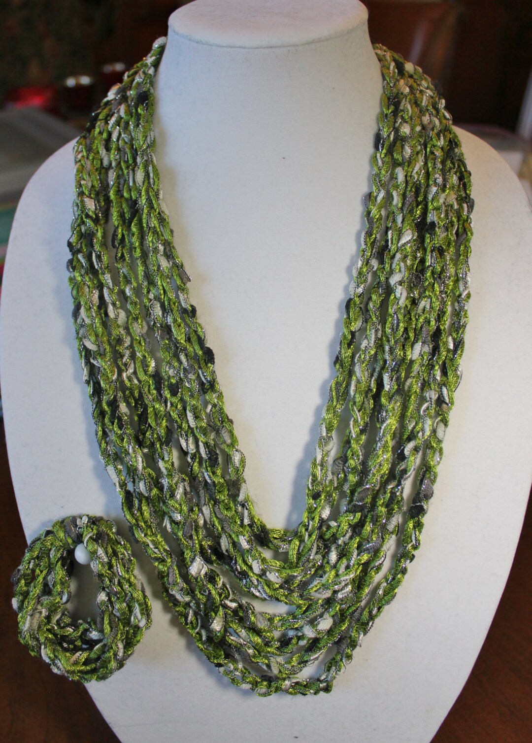 Ribbon Yarn Crochet Necklace and Bracelet Set Lime Black and Etsy
