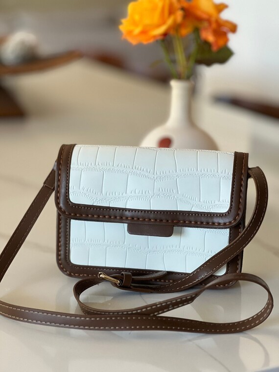Brown and White Square Cross Body Bag With Gold Accents - Etsy display picture 1