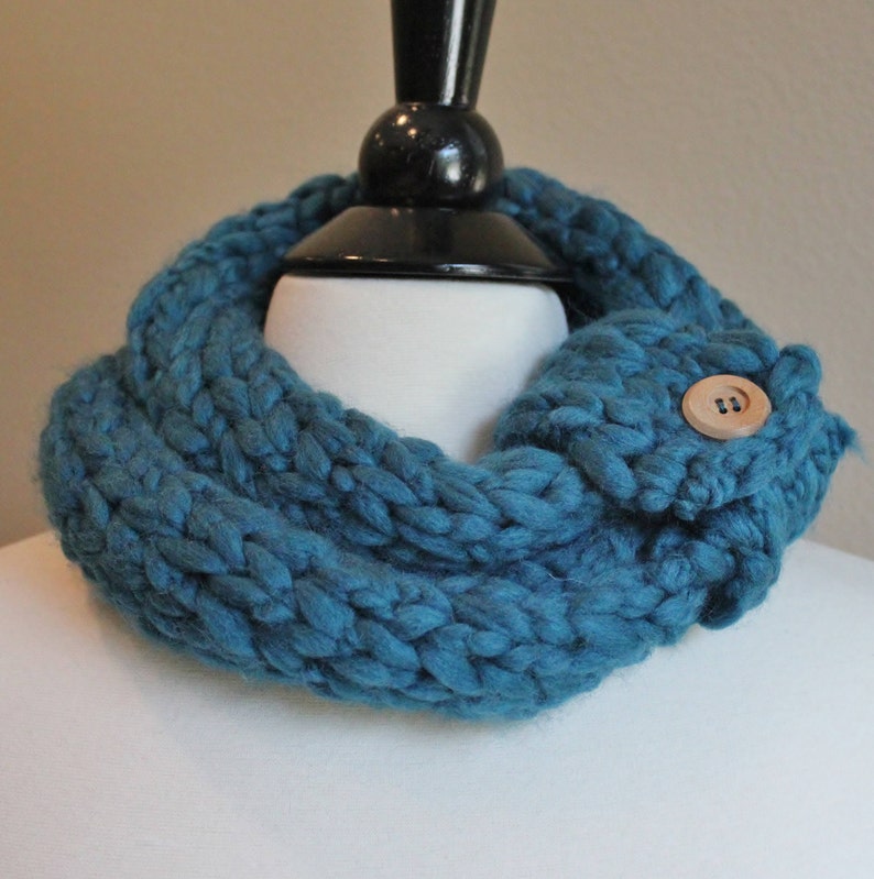 Teal Finger Knit Infinity Scarf With Button Cuff Etsy