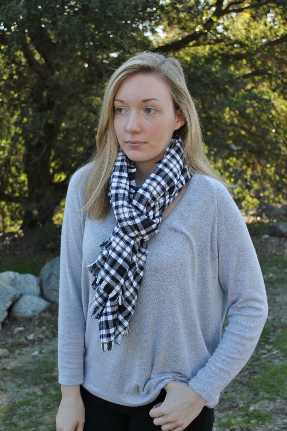 White Black and Olive Plaid Flannel Scarf - Etsy