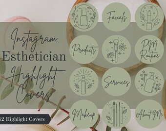 May include: A set of 10 green circle Instagram highlight covers with black outlines and various beauty-related icons and text. The icons include a bottle of serum, a lipstick, a makeup brush, a bottle of lotion, and a hand mirror. The text includes "Facials", "Products", "PM Routine", "Services", "Makeup", and "About Me".