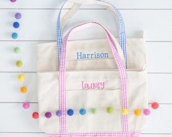 Monogram Gingham Canvas Tote //  Embroidered Tote