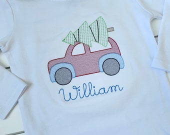 Boy's Christmas Shirt // Red Car and Christmas Tree Shirt