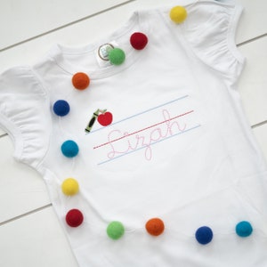 Embroidered Back to School Name Shirt: Apple & Crayon Design